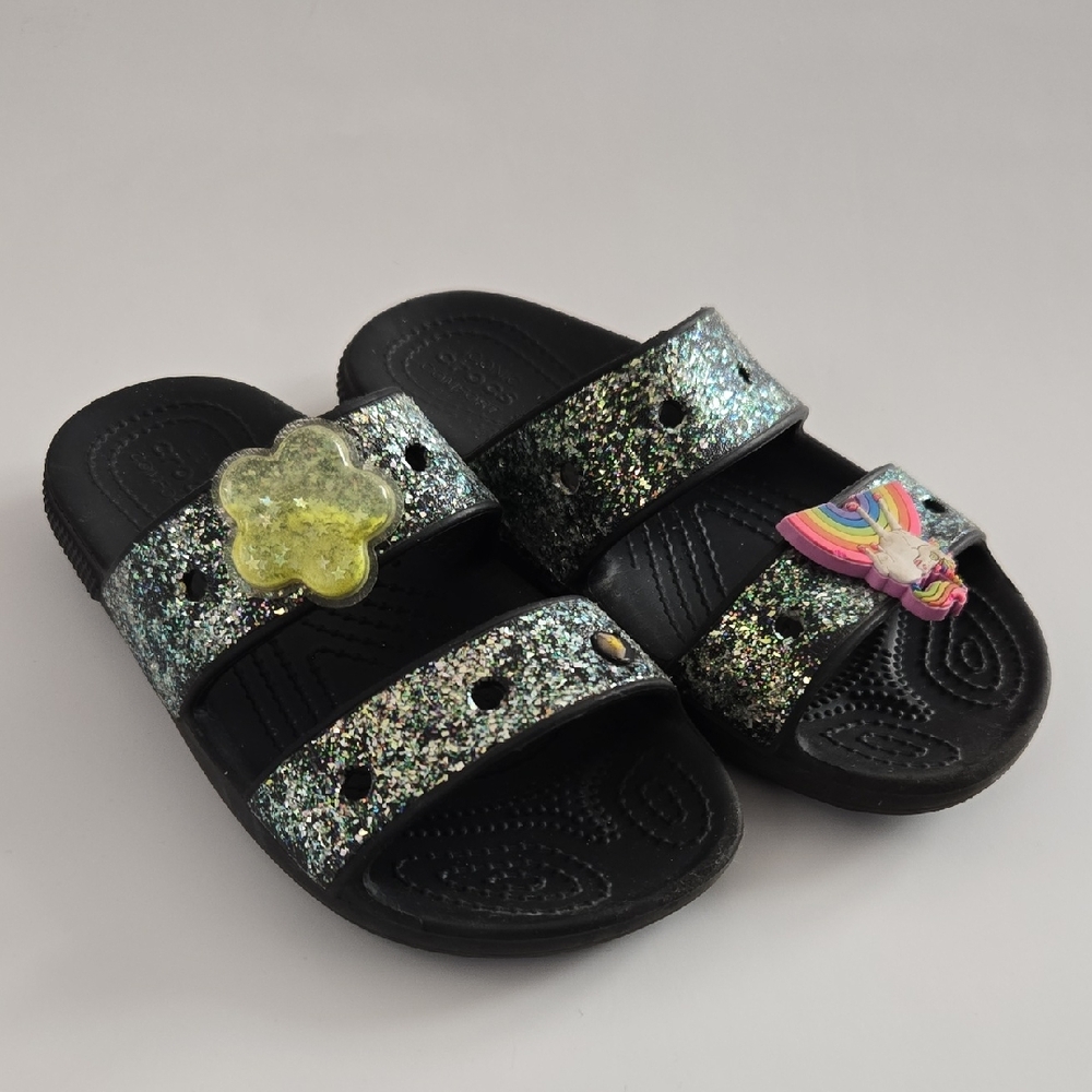 Girls Crocs Glitter Slide Sandals w/ Unicorn & Flower Charms Sz J1